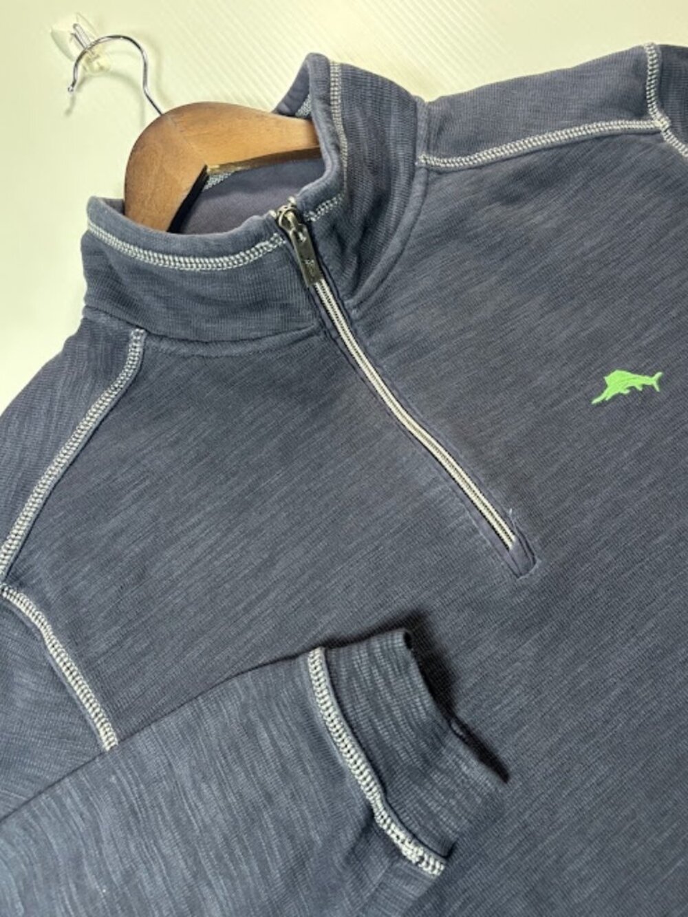 Tommy Bahama Quarter Zip Pullover Mens Large Blue Solid Coastal Marlin Logo